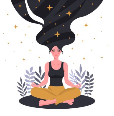 Lotus pozisyonunda güzel bir kadın. İç denge ve farkındalık metaforu. Yoga, esneme, meditasyon. Kız konsantrasyon, sakinlik ve kendine güven eğitiyor. Çizgi film düz vektör çizimi