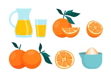 Bir portakal seti. Sosyal medya çıkartmaları, doğal ve organik ürünler koleksiyonu. Yarı meyve, meyve suyu ve sağlıklı jöle, vejetaryen diyeti. Beyaz arkaplanda izole edilmiş çizgi film düz vektör çizimleri