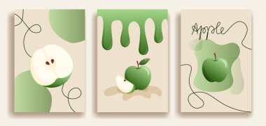 Elma meyveleri. Web sitesi için poster ya da afiş koleksiyonu. Doğal, organik ve taze ürünler. Vejetaryenlik ve vitaminler. Beyaz arkaplanda izole edilmiş çizgi film düz vektör çizimleri