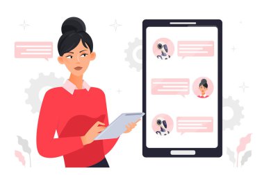 Robotla sohbet etmek. Kullanıcılara sık sık soru soran özel teknoloji, akıllı telefondan bilgi alan kadın. Asistanlık ve yardım masası, otomasyon. Çizgi film düz vektör çizimi