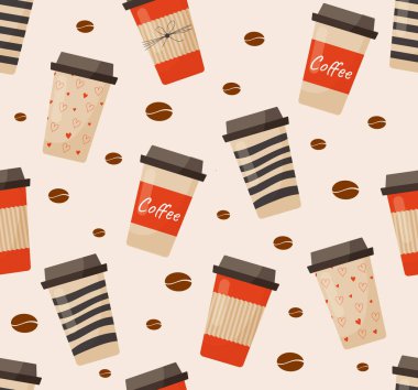 Kahve fincanı kusursuz desenli. Çarşaf ya da ambalaj kağıdı üzerine resim yazdırmak için tekrarlanıyor. Sabahları sıcak, ferahlatıcı içecekler, kafein, kafe, restoran. Çizgi film düz vektör çizimi