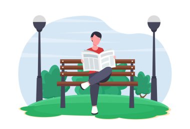 Adam gazete okuyor. Elinde gazete olan genç bir adam. Tatilde, hafta sonu parktaki karakter. Sakinlik, yaz mevsiminde dışarıda dinlenen insanlar. Çizgi film düz vektör çizimi