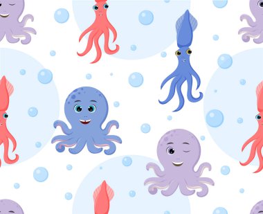 Ahtapot kusursuz desen. Yatak örtüsü üzerine resim yazdırmak için tekrarlanıyor. Su altı dünyası ve deniz sakinleri. Çocuklar için fantezi karakterler, poster ya da site için afiş. Çizgi film düz vektör çizimi