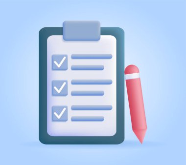 Kalemle kontrol listesi. Web sitesi, planlama ve programlama için grafiksel unsurlar. Sorumluluk sahibi bir çalışana. Hedefler ve motivasyon. Mavi arkaplanda izometrik vektör çizimi izole edildi