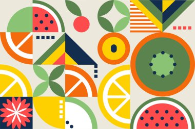 Geometrik soyut meyve. Organik ve doğal desenler, vitaminler ve vejetaryenlik. Minimalist tarzda bir web sitesi afişi ya da afişi, davetiye kartı tasarımı. Çizgi film düz vektör çizimi