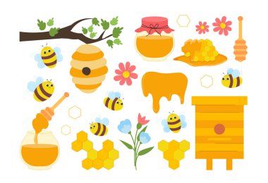 Ballı arılar. Sosyal ağlar, vahşi yaşam ve arılar için çıkartma koleksiyonu. Böcekler, ağaçlar, hayvanlar. Organik ve doğal ürünler. Beyaz arkaplanda izole edilmiş çizgi film düz vektör çizimleri