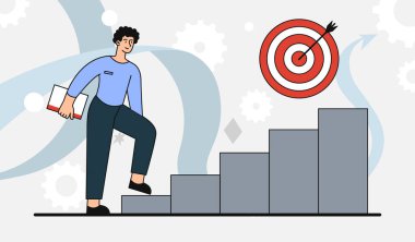 Kişisel büyüme metaforu. İnsan hedefe doğru adım atar, liderlik ve motivasyon metaforu. İşadamı şirket, yetenekli girişimci ya da çalışan geliştirir. Çizgi film düz vektör çizimi