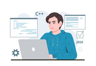 Dizüstü bilgisayarı olan programcı. Genç adam kod yazar, uygulamaları geliştirir ve web sitesi için sayfalar oluşturur. Modern teknolojiler ve dijital dünya. Serbest çalışan ya da ofis çalışanı. Çizgi film düz vektör çizimi