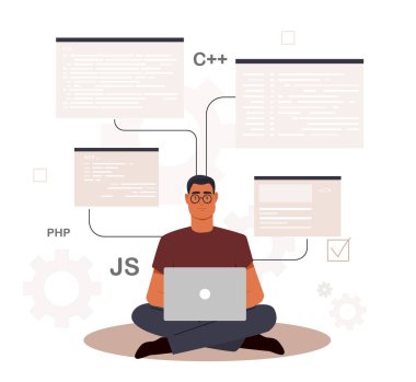 Geliştirici ya da programcı. Adam dizüstü bilgisayarla Lotus pozisyonunda oturuyor. Modern teknolojiler ve dijital dünya, bir bilişim şirketinin çalışanı. Web sitesi sayfaları için kod yazılıyor. Çizgi film düz vektör çizimi