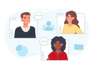 Video konferans konsepti. Erkekler ve kızlar internet, modern teknolojiler ve dijital dünyada iletişim kurarlar. Sosyal ağlar, arkadaşlar, iş arkadaşları ya da ortaklar toplantısı. Çizgi film düz vektör çizimi