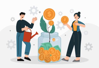 Paralı kadın ve erkek. Genç çift kavanoza bozuk para, aile bütçesi ve tasarruf metaforu koyuyor. Finansal okuryazarlık ve pasif gelir. Yatırım ya da girişimcilik. Çizgi film düz vektör çizimi