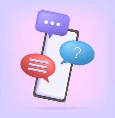 Konuşma baloncuklu akıllı telefon. Modern teknolojiler, aletler ve cihazlar. Sosyal medya bildirimleri, dijital dünya. İnternet iletişimi ve yenilik. Karikatür izometrik vektör çizimi