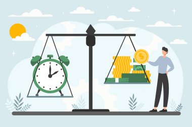 Zaman kavramı satın al. Bir tarafta para ile terazinin yanında duran ve diğer tarafta izleyen adam. Başarılı girişimci ya da yatırımcı, gelir ve gelir artışı, müdür. Çizgi film düz vektör çizimi