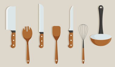 Mutfak aletleri hazır. Grafik elementler, posterler ve afişler koleksiyonu. Bıçak, kepçe, yemek aletleri, sosyal medya etiketleri. Bej arkaplanda izole edilmiş gerçekçi izometrik vektör çizimleri