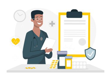 İlaçlı doktor. Hayat sigortası sözleşmesi, uyuşturucu uzmanı. Gözlüklü eczacı, sağlık hizmetleri ve düzenli kontroller. Karakter, hasta verilerini kontrol ediyor. Çizgi film düz vektör çizimi