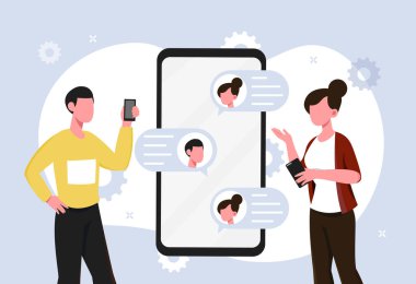 Çevrimiçi sohbet kavramı. Akıllı telefonun yanındaki kadın ve erkek. İnternetteki iletişim, sosyal ağlar ve anında kuryeler. Randevu uygulaması, genç çift ya da aile. Çizgi film düz vektör çizimi