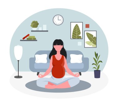 Lotus pozisyonunda hamile bir kadın. Sağlık ve yoga, evdeki genç kız. Sakinlik ve konsantrasyon, nefes kontrolü ve aktif yaşam tarzı, spor ve spor. Çizgi film düz vektör çizimi