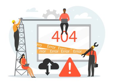 Teknik hata konsepti. Yanlış bağlantı ya da web sitesi hatası. Teknik servis hataları, modern teknolojileri ve dijital dünyayı düzeltir. Programcılar sayfa kodunu analiz eder. Çizgi film düz vektör çizimi