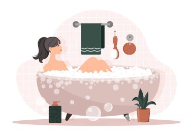 Banyodaki kadın. Kız evde dinleniyor, rahatlık ve rahatlık. Spa ve tedaviler, güzellik ve hijyen. Rutin ve günlük aktiviteler. Köpük köpüklerin içinde yatan bir kadın. Çizgi film düz vektör çizimi
