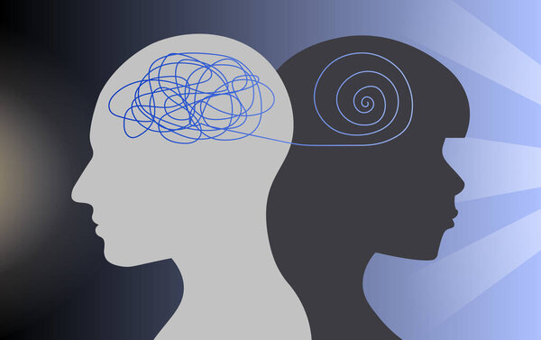 Концепция психического расстройства. Абстрактные силуэты с мячом в голове, депрессией и разочарованием. Психологические проблемы, неопределенность. Персонажи с внутренними страхами. Мультфильм с плоским вектором