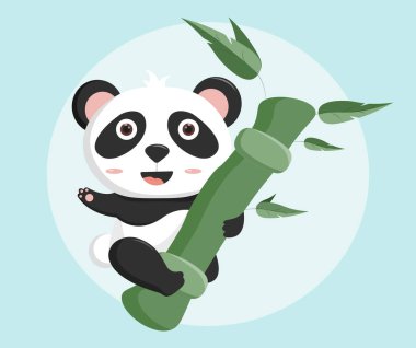 Bambu üzerinde panda. Tropikal ya da egzotik bir ülkede hayvan, doğal yaşam alanı. Doğa ve vahşi yaşam, çocuk kıyafetlerine basılacak sevimli bir karakter. Asya tarzı, oyuncak. Çizgi film düz vektör çizimi
