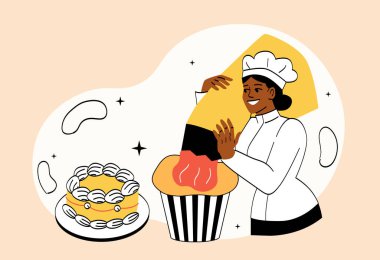 Baker işte. Beyaz üniformalı genç bir fırıncı. Aşçı şapkalı kız keklere krema ya da reçel sürüyor. Şeker üretimi, profesyonel. Doğum günü hediyesi konsepti. Çizgi film düz vektör çizimi