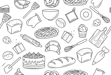 Fırının kusursuz deseni. Hediye ambalajını yazdırmak için en az tekrarlayan resim. Şekerler, kekler ve kekler. Lezzetli yemekler, giysi baskısı için fotoğraf. Çizgi film düz vektör çizimi