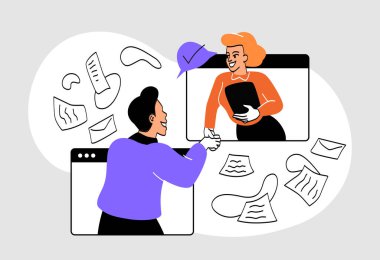 İnsanlar internette el sıkışıyor. Girişimciler sözleşme ya da anlaşma, başarılı müzakereler ve sözleşme imzaladılar. Finansal okuryazarlık, ortaklık ve yatırım. Çizgi film düz vektör çizimi
