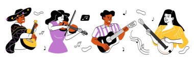 Müzikle uğraşan insanlar. Enstrümanlı müzisyenler topluluğu, sahnede, grupta, sosyal ağlar için çıkartmalar sergileyen erkekler ve kızlar. Beyaz arkaplanda izole edilmiş çizgi film düz vektör çizimleri