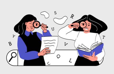 Bilgi arayan kadınlar. Analitik bölüm çalışanları kontrol belgeleri ve kitaplar, bilimsel araştırma ve uzak eğitim. Öğrenciler ödevlerini yaparlar. Çizgi film düz vektör çizimi