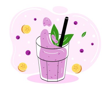 Sağlıklı smoothie konsepti. Doğal ve organik ürünlerden, meyve ve sebzelerden yapılan içecek. Vejetaryen diyeti, vitaminli beslenme. Spor ve yağ yanığı. Çizgi film düz vektör çizimi