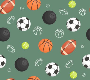 Toplar pürüzsüz desen. Şimdiki ambalaj kağıdına resim yazdırmak için tekrarlanıyor. Spor ve aktif yaşam tarzı, rugby, futbol, basketbol, bowling ve tenis. Çizgi film düz vektör çizimi