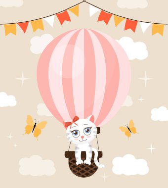 Balondaki sevimli kedi. Çocuklar için komik çizgi film karakterleri, selamlama ya da davetiye, doğum günü tebrikleri. Seyahat ve macera, hava yolculuğu, fantezi ve hayaller. Çizgi film düz vektör çizimi