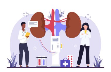 Doktor hemodiyaliz uygular. Erkek ve kız modern teknolojilerle hastaların karaciğerini temizliyor. Yenilikçi tedavi yöntemleri, tanı. Uyuşturucu ve ilaçlar. Çizgi film düz vektör çizimi