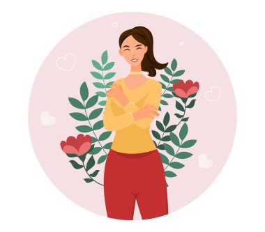 Kendini sev konsepti. Çiçekleri ve yaprakları olan genç bir kız. Güzellik ve sağlık, pozitif psikoloji, zihniyet ve iyimserlik. Kadın vücudundan memnun, kendine saygısı var. Çizgi film düz vektör çizimi