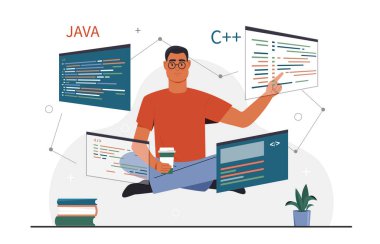 Programcı çalışıyor. Lotus pozisyonundaki bir adam internet sitesi, modern teknolojiler ve dijital dünyadaki kodları kontrol eder. Freelancer ve bardaklı mesafesinde çalışan. Çizgi film düz vektör çizimi
