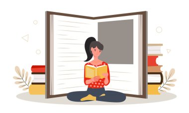 Hobi konsepti okuyorum. Kız elinde kitap, dairesinde karakter, eğitim ve kendini geliştirme ile lotus pozisyonunda oturuyor. Sınava ya da sınava hazırlanan öğrenci. Çizgi film düz vektör çizimi