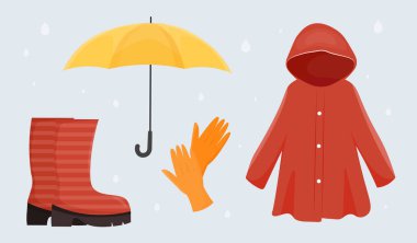 Sonbahar kıyafetleri. Sosyal ağlar için çıkartma koleksiyonu. Şemsiye, palto ve eldivenler, soğuktan, fırtınadan ve yağmurdan korunma. Gri arkaplanda izole edilmiş çizgi film düz vektör çizimleri