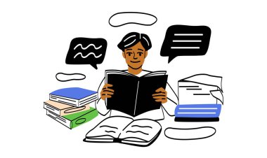 Öğrenci hayatı konsepti. Elinde kitapla oturan genç adam. Ev ödevi ve derslere hazırlık. Sınav veya sınav için bilgi arayan bir öğrenci. Çizgi film düz vektör çizimi