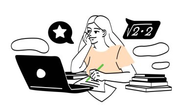 Öğrenci hayatı konsepti. Kalem dolduran genç bir kız kağıt, uzaktan eğitim ve ev ödevi. Kız öğrenci matematik dersi, sınav ya da sınav çözer, öğrenir. Çizgi film düz vektör çizimi