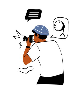 Profesyonel fotoğrafçı konsepti. Kameralı adam fotoğraf çekiyor, paparazziler ışıkları söndürüyor ve görüntüyü güzelleştiriyor. Softbox ve fotoğraf çekimi için özel ekipman. Çizgi film düz vektör çizimi