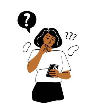Düşünceli insanların portreleri. Elinde akıllı telefon olan beyaz tişörtlü bir kız. Karakter yeni bilgiler öğreniyor, kadın internette soruları cevaplıyor, kafası karışık biri. Çizgi film düz vektör çizimi