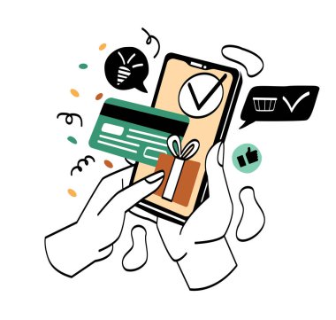 Akıllı telefonu tutan eller. Karakter internetten hediye alır, sevdiklerine sürpriz yapar. Tatiller, indirimler ve promosyonlar için düzenli müşterilere özel teklifler. Çizgi film düz vektör çizimi