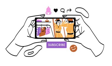 Eller akıllı telefona değsin. İnternette video izleyen karakter, kıyafet deneyen ünlü blogcu. Teftiş ve görüş lideri, video sunucu ve eğlence. Çizgi film düz vektör çizimi