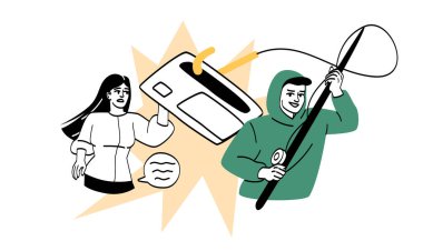 İnternet dolandırıcılığı ve dolandırıcılık. Adam elinde olta olan bir kızdan kredi kartı çalıyor. İnternet dolandırıcılığı ve kişisel veri güvenliği. Hırsızlık ve suç. Banka bilgileri ve para. Çizgi film düz vektör çizimi