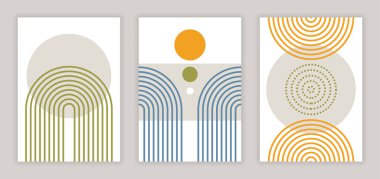 Soyut posterler asıldı. Web sitesi ve kapak için grafik elementlerin toplanması. Minimalist stil, modern daire ya da ev resimleri. Gri arkaplanda izole edilmiş çizgi film düz vektör çizimleri