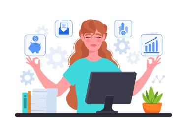 İş kadını iş yerinde meditasyon yapar. Lotuslu kız bilgisayarın önünde poz veriyor, duygusal çöküntüden korunuyor. Sakinlik ve nefes alma, planlama ve öncelikler. Çizgi film düz vektör çizimi