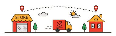 Teslimat kavramı. Kamyon depodan müşteriye çevrimiçi alışveriş ve uygun lojistiğe gidiyor. Küreselleşme ve uluslararası ticaret, işaretli harita. Çizgi film düz vektör çizimi