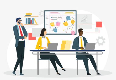 Ofis çalışanı konsepti. Takım elbiseli erkekler ve dizüstü bilgisayarda yazan bir kız. Modern teknolojiler ve dijital dünya, cihazlar ve cihazlar. Takım çalışması ve beyin fırtınası, meslektaşlarım. Çizgi film düz vektör çizimi