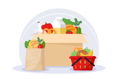 Market sepeti seti. Salata hazırlamak için doğal ve taze organik ürünler. Sebzeler ve meyveler, vitaminler ve sağlıklı beslenme, uygun diyet, ev işleri. Çizgi film düz vektör çizimi